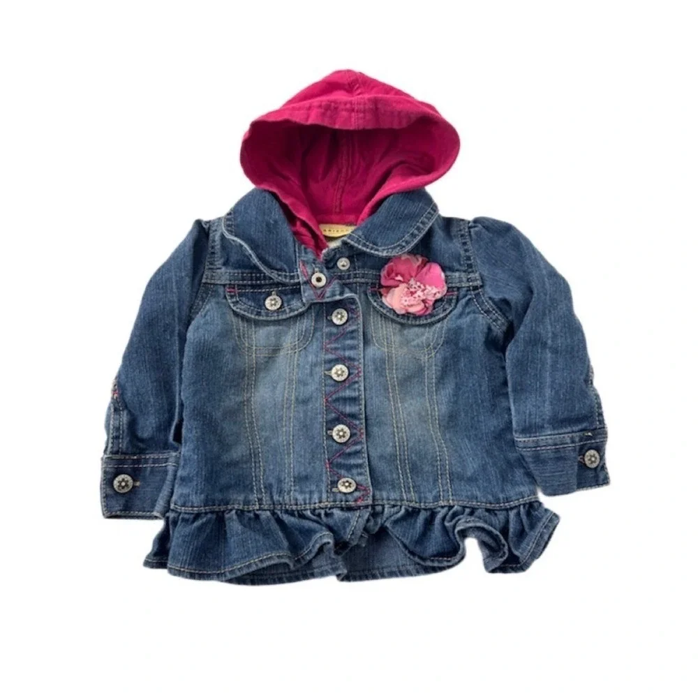Arizona Jean Co Baby Girls Denim Jacket Pink Hooded Layered Ruffle 12 Months‎